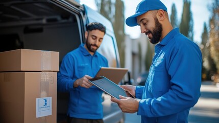 Obraz premium Two delivery men in blue uniforms use a tablet computer while loading packages with their coworker in a delivery van.