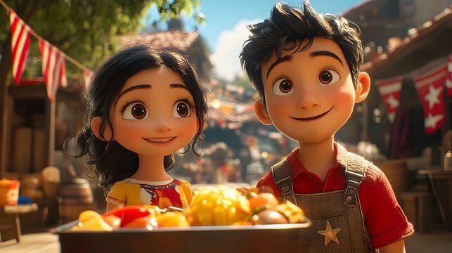 Magical Independence Day barbecue with animated characters enjoying a summer cookout with festive decorations and games
