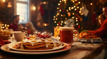 Delicious pancakes topped with cranberries and whipped cream are served alongside warm drinks in a cozy holiday setting