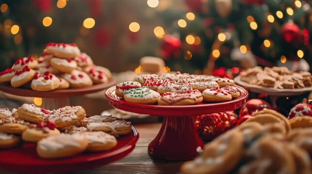 Deliciously decorated holiday cookies are displayed on festive plates at a cheerful cookie exchange event filled with Christmas spirit