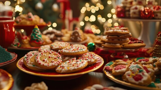 Friends and family enjoy a vibrant holiday cookie exchange filled with a variety of decorated cookies and treats
