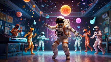 Astronaut dancing with other space creatures in a zero-gravity dance party, with colorful lights and music