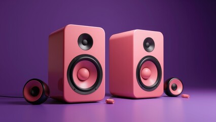 Minimalist pink stereo speakers on a purple background Concept of online news and social media promotion 3D render showcasing music listening experience