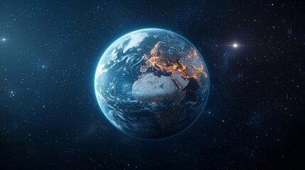 Obraz premium Blue planet Earth with visible continents, atmospheric glow, deep space, stars, and galaxies