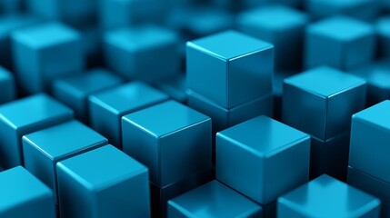 Blue cubic structures forming a complex maze, overlapping layers, reflective surfaces, contemporary digital abstraction