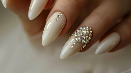Perfect wedding manicure, almond shaped, with shiny diamonds, ivory and gold