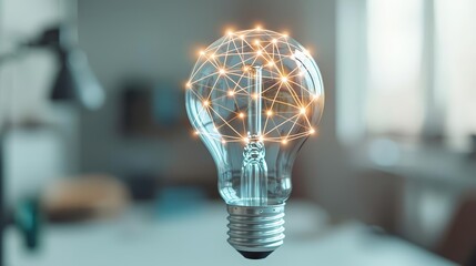 Close-up of a lightbulb with interconnected glowing dots, concept of innovation and collaboration, professional office setting, soft focus