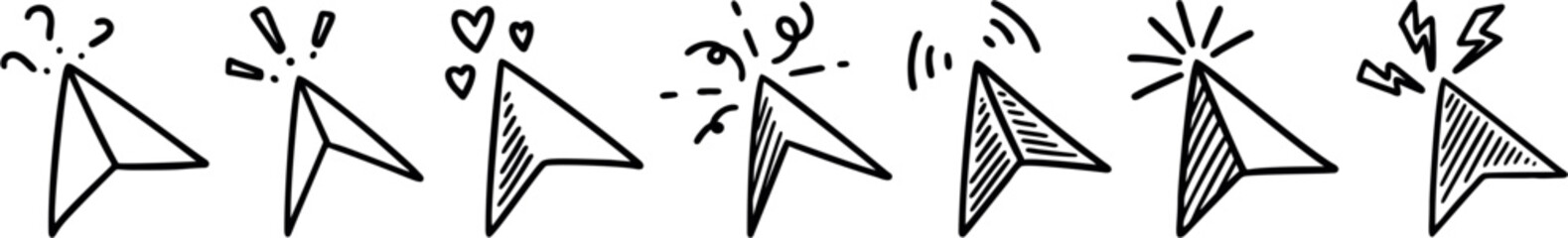 Hand-Drawn Mouse Cursor Click Icons Set - Vector Illustrations with Various Click Effects for Web and Digital Design