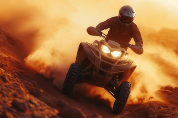 atv kicking up dust on winding desert track rider in dynamic pose warm sunset hues paint dramatic shadows across rugged terrain