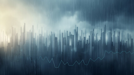 A city skyline with a dark blue sky and rain falling