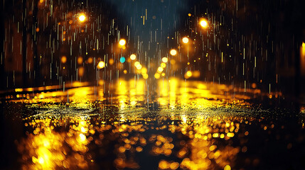 Rain at Night: Photorealistic Night Rain on Street with Reflections and Yellow Gold Tones