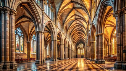 Gothic cathedral interior with wooden floor and intricately carved stone pillars and arches, Gothic, cathedral