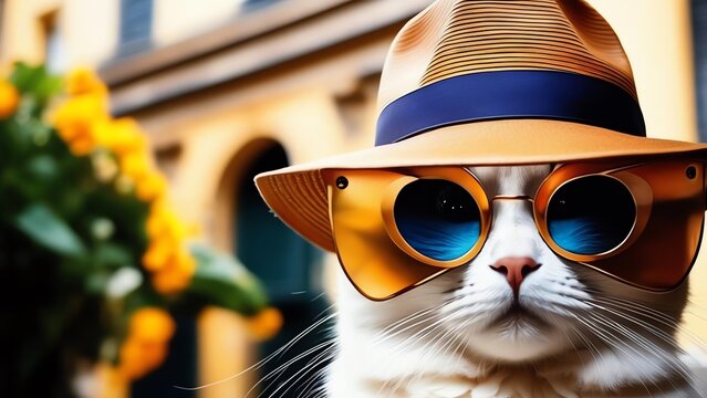 A cute cat with a stylish sun hat and sunglasses. Ideal for wallpaper, thumbnail and any design. 