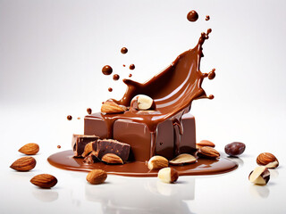Flying splashing on and around square piece of melted milk chocolate