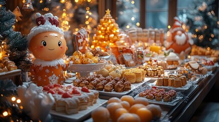 Whimsical New Year Day brunch with animated characters celebrating with festive foods and cheerful decorations