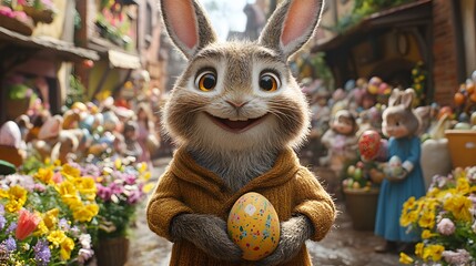 Joyful Easter parade with animated characters in spring attire enjoying egg painting and festive activities