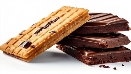 Horizontal four crispy cookies packed together with two layers of chocolate on white background