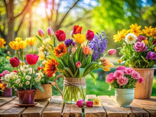 Vibrant spring flowers in a beautiful arrangement adorn a wooden table in a serene garden, evoking feelings of joy, renewal, and the beauty of nature.