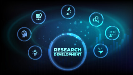Research  development vector illustration. Concept with connected icons related to project management, product design or engineering, business development