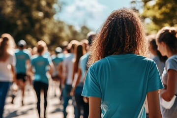 Community Members Participating in a Charity Walk Through a Green Park on a Sunny Day