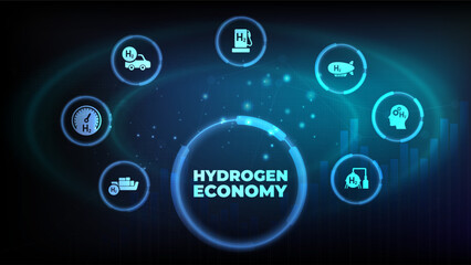 Hydrogen economy vector illustration. Concept with connected icons related to hydrogen use as fuel, in industrial processes, hydrogen storage and transport