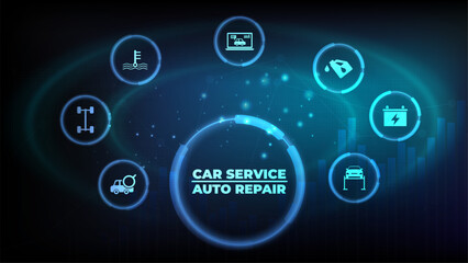 Car and auto repair vector illustration. Concept with icons related to car service and inspection, motor check, oil change, automotive maintenance, vehicle or automobile repair shop.