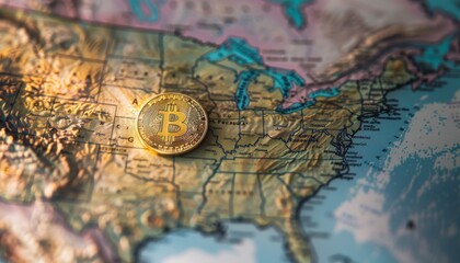 A photo of a Bitcoin coin a North American political map, spotlighting the U.S., symbolizing