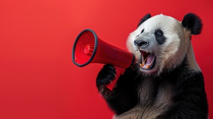 Fototapeta premium Panda Holding Megaphone on Red Background.