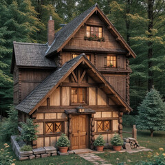 fairytale wooden house in the mountains in summer