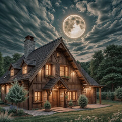 fairytale wooden house in the mountains in summer