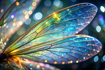 The wings of a butterfly are shown in a beautiful, colorful, and sparkling way. The wings are made of a translucent material, and the colors are vibrant and eye-catching. Concept of wonder and magic