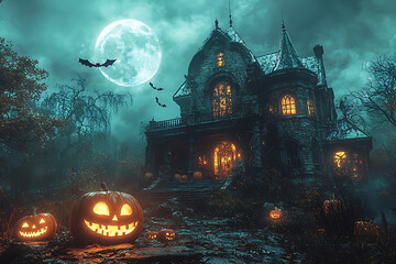 A spooky Halloween scene of a haunted house on a hill under a full moon, with glowing carved pumpkins on the porch. Bats' shadows cross the moonlit sky, and twisted, barren trees surround the house 