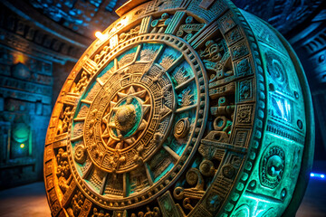 Fototapeta premium A large, colorful, and intricately carved calendar with a green and blue design. The calendar is surrounded by a green and blue light, which makes it look like a piece of art