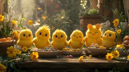 Charming Easter brunch with animated characters enjoying springtime foods egg hunts and colorful decorations