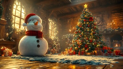 Whimsical Christmas tree decorating with animated characters adding ornaments and enjoying festive music