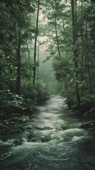 Obraz premium Peaceful Natural Landscape with Lush Forest and Gently Flowing River at Dawn or Dusk