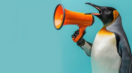Penguin Holding Megaphone on Blue Background.