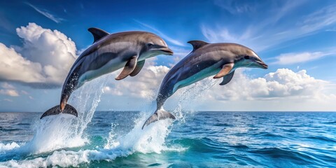 Fototapeta premium Two dolphins gracefully leaping out of the water, dolphins, wildlife, animals, ocean, marine life, aquatic