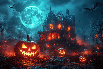 A spooky Halloween scene of a haunted house on a hill under a full moon, with glowing carved pumpkins on the porch. Bats' shadows cross the moonlit sky, and twisted, barren trees surround the house