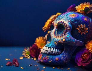 Fototapeta premium Uma caveira mexicana, de perfil, com pintura de flores e fundo azul.