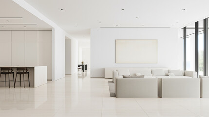 A large white living room with a white wall and white furniture