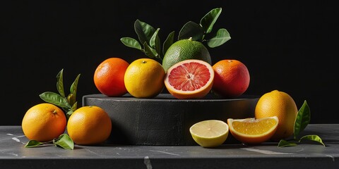 empty podium for product display, black background, citrus fruits 