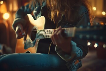 Fototapeta premium A person playing an acoustic guitar in a cozy, softly lit environment, creating a warm and inviting atmosphere.