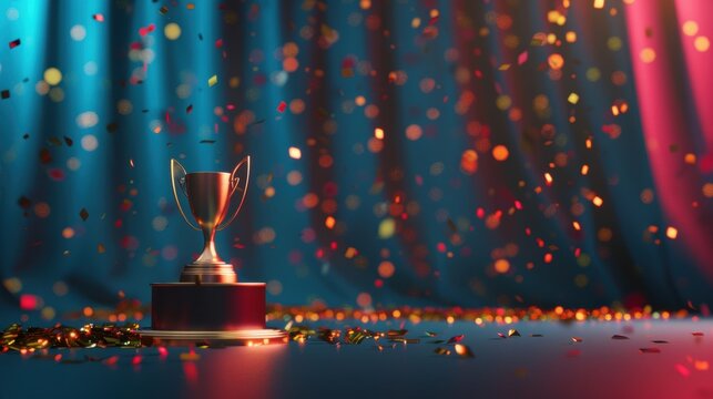 A gleaming trophy stands against a backdrop of colorful confetti falling during a celebration