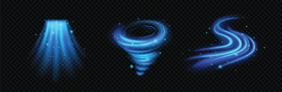 Cold air flow, fresh blue air effect set. Conditioner breeze, winter wind swirls and wave isolated on transparent background. Vortex light effect, vector realistic illustration