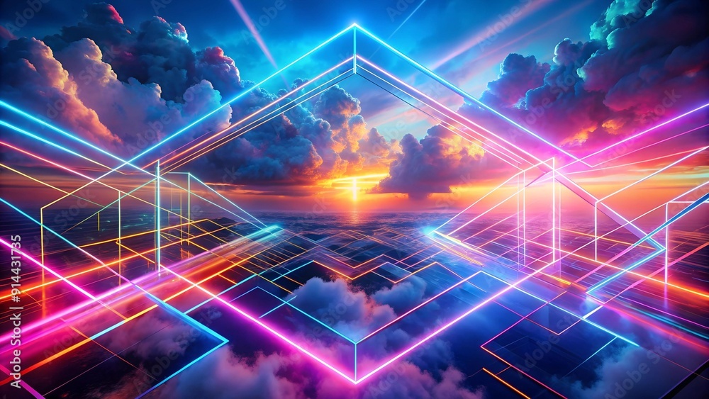 Wall mural neon lattice of data: a digital dreamscape of glowing geometric lines and fluffy twilight clouds ai 