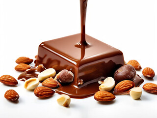 Small square piece of melted milk chocolate floating on spot of liquid chocolate surrounded by nuts almonds and raisins