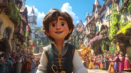 Charming Oktoberfest parade with animated characters in traditional attire enjoying music dancing and floats