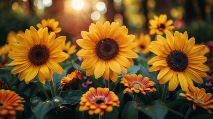 Sunlit spring meadow with daisies and wildflowers under the warm rays, lush green grass background