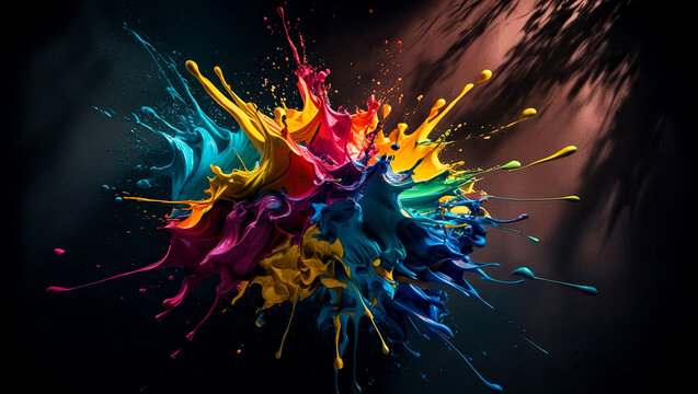 Rainbow of paint splash on dark background, Colorful paint splash on black background, Paint splash art pattern, Paint texture